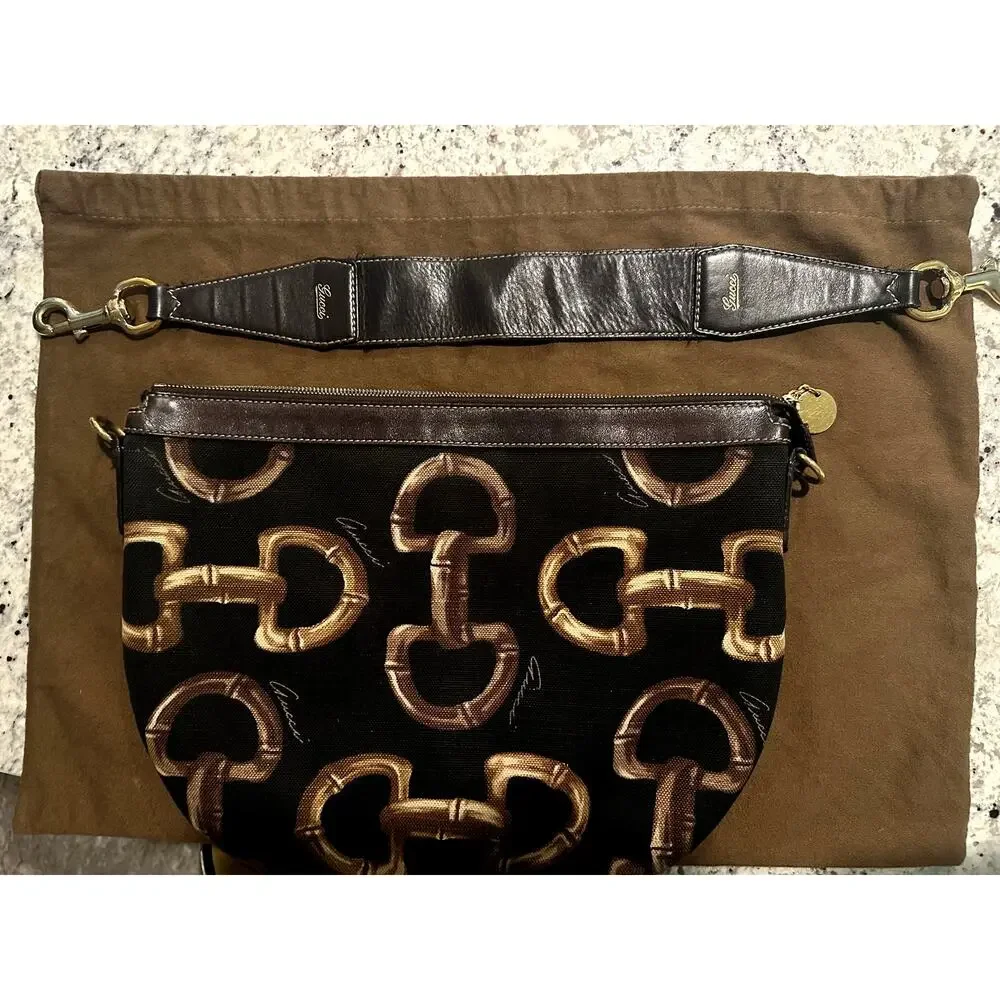 Rare vintage Gucci Half Moon bamboo Horsebit canvas & leather hobo brown black